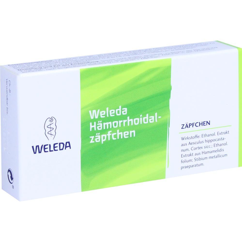 Gr&uuml;ne Packung von Weleda mit H&auml;morrhoiden-Z&auml;pfchen.