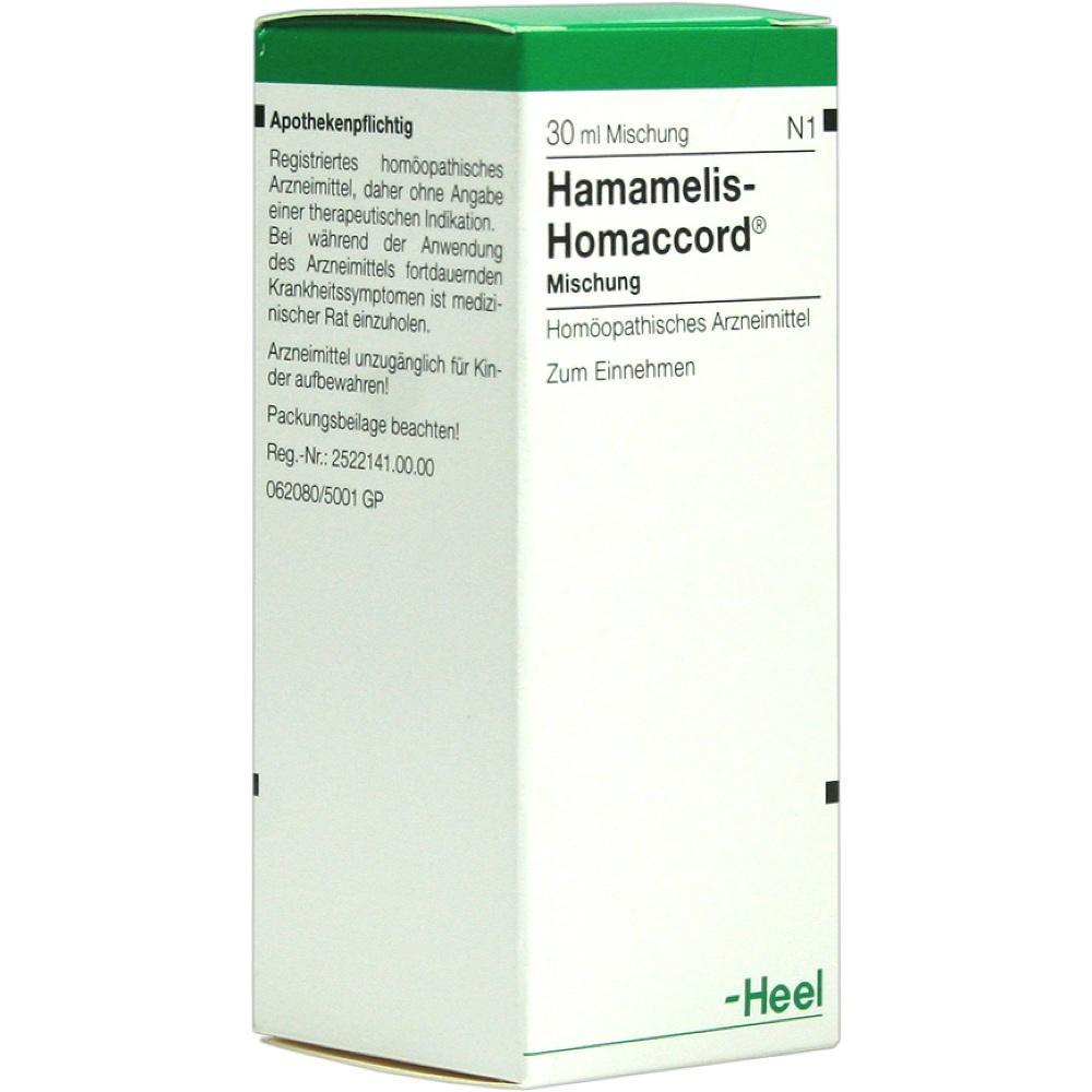 Eine gr&uuml;ne und wei&szlig;e Medikamentenverpackung mit der Aufschrift "Hamamelis-Homaccord".