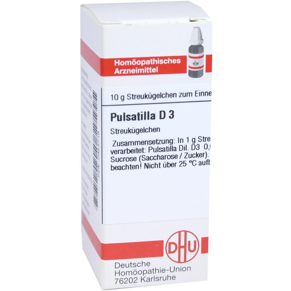 Verpackung von Pulsatilla D 3 Streuk&uuml;gelchen, einem hom&ouml;opathischen Arzneimittel.