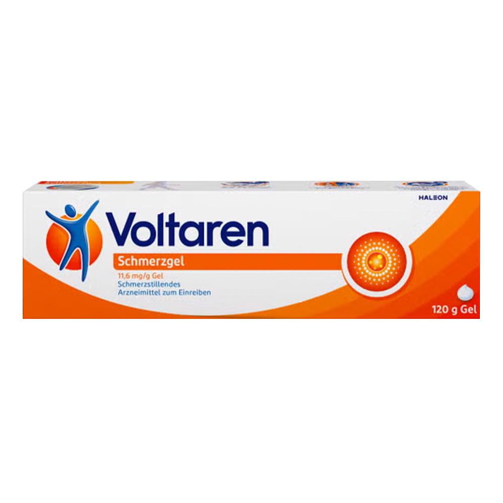Eine Tube Voltaren Schmerzgel mit orangem und blauem Design.