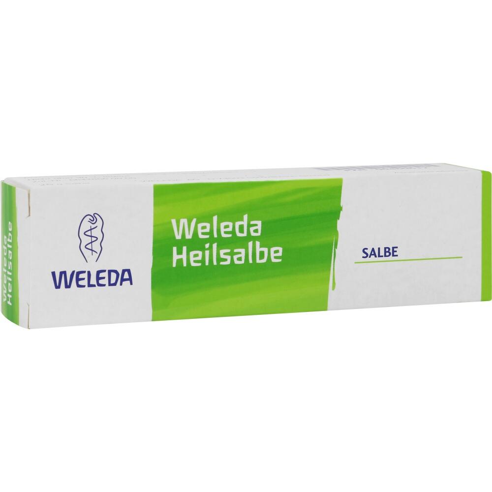 Wei&szlig;e und gr&uuml;ne Packung von Weleda Heilsalbe mit blauem Logo.
