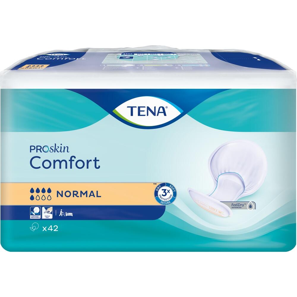 Verpackung von TENA ProSkin Comfort Einlagen mit blauer und orangener Beschriftung.