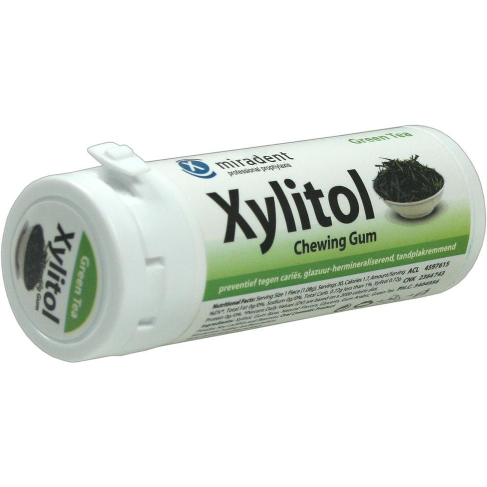 Wei&szlig;e Dose mit Xylitol-Kaugummi, Geschmacksrichtung Gr&uuml;ner Tee.