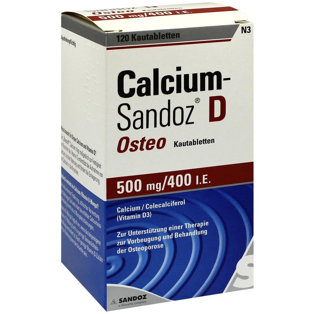 Ein wei&szlig;er Karton von Calcium-Sandoz D Kautabletten mit roter und blauer Schrift.