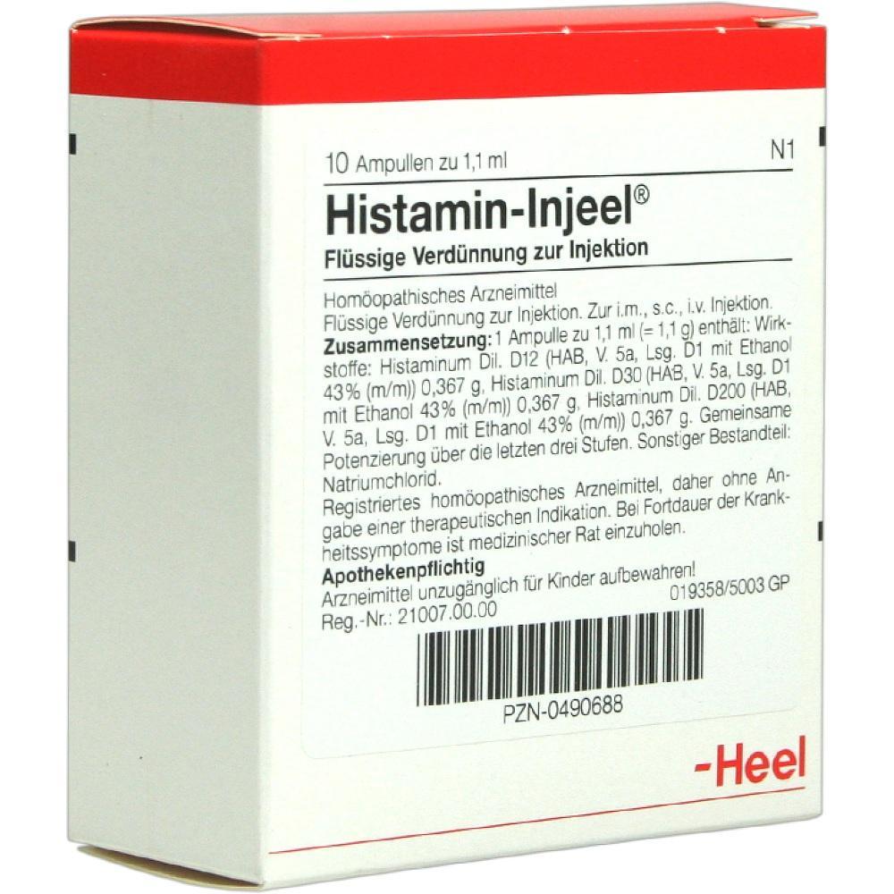 Wei&szlig;e Verpackung von "Histamin-Injeel", einem hom&ouml;opathischen Mittel zur Injektion, mit rotem Deckel.