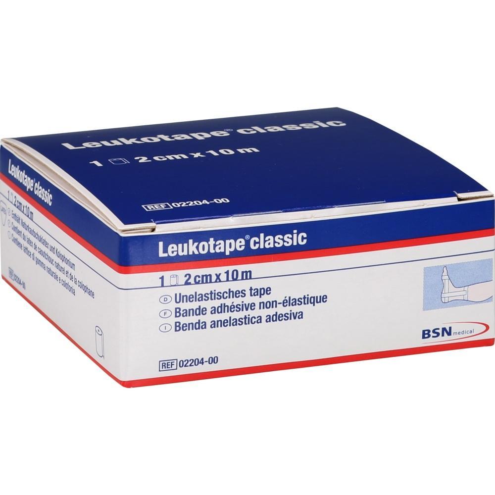 Eine blaue Verpackung mit unelastischem Klebeband namens Leukotape Classic.