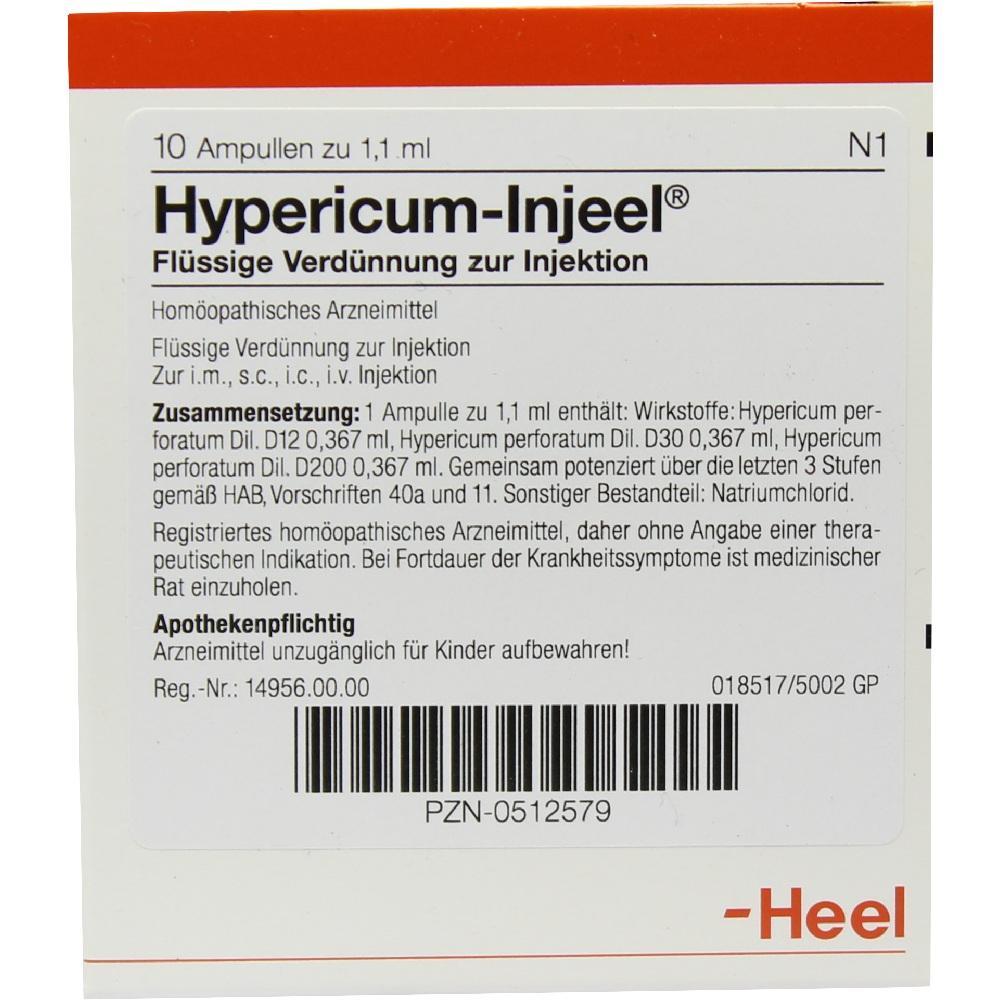 Verpackung von Hypericum-Injeel, einem hom&ouml;opathischen Injektionsmittel, Apotheke erforderlich.