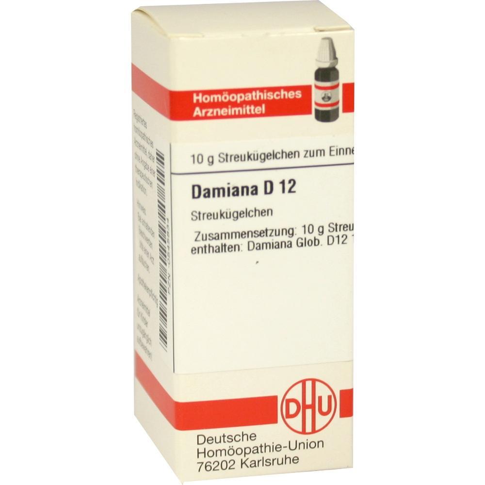 Wei&szlig;e Verpackung von hom&ouml;opathischen Damiana D12 Streuk&uuml;gelchen.