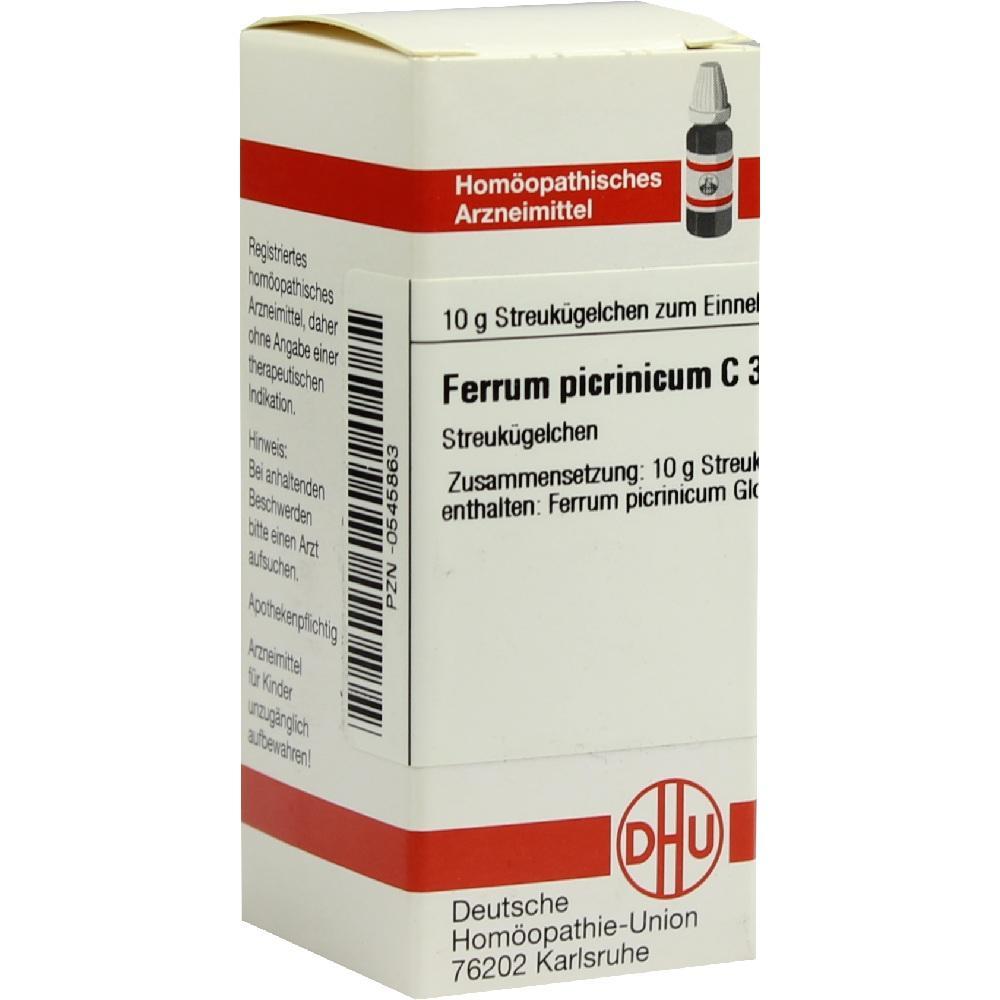 Eine Verpackung f&uuml;r hom&ouml;opathische Streuk&uuml;gelchen mit der Aufschrift "Ferrum picrinicum C 30".