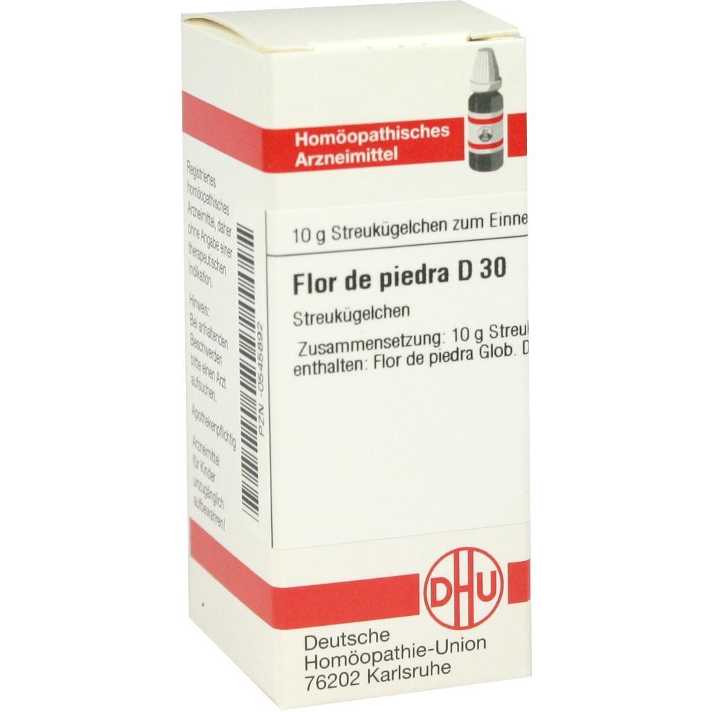 Wei&szlig;e Medikamentenverpackung mit rotem Streifen, hom&ouml;opathisches Mittel Flor de piedra D30.