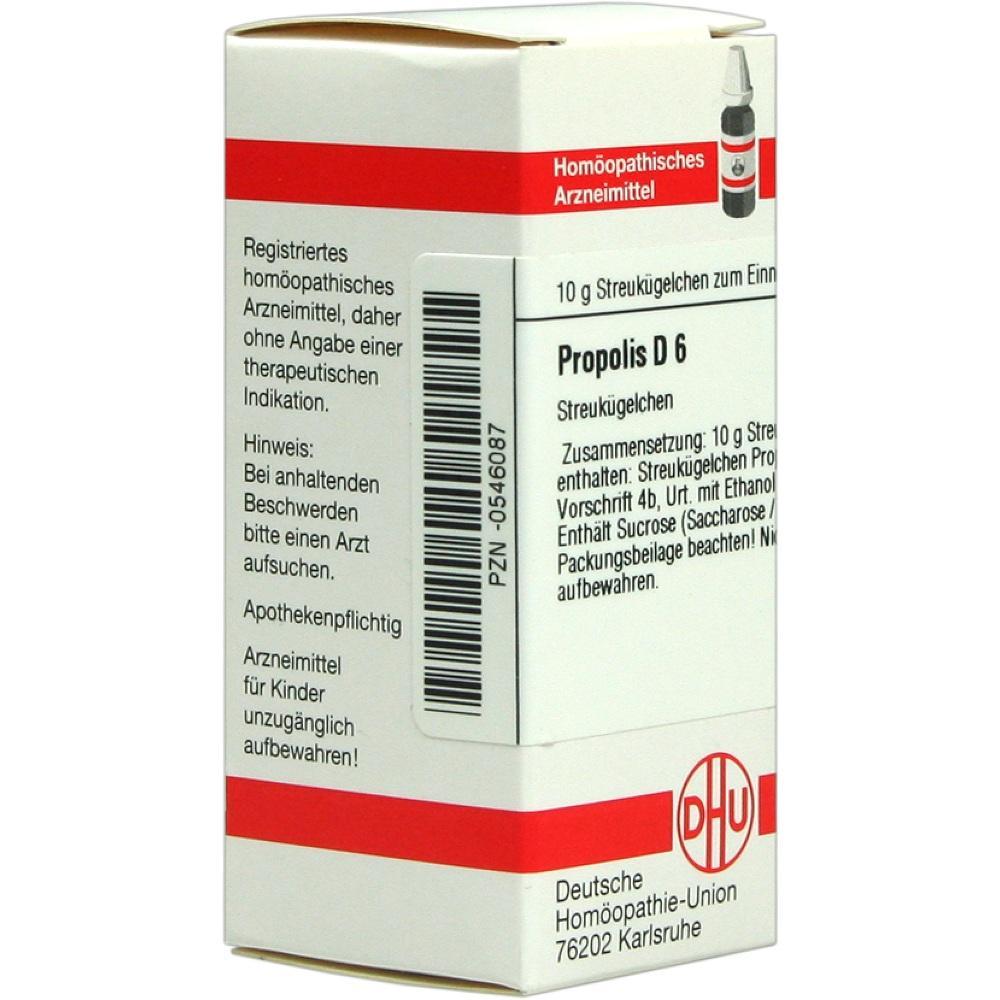 Wei&szlig;e Verpackung mit rotem Streifen f&uuml;r hom&ouml;opathische Propolis D6 Streuk&uuml;gelchen.