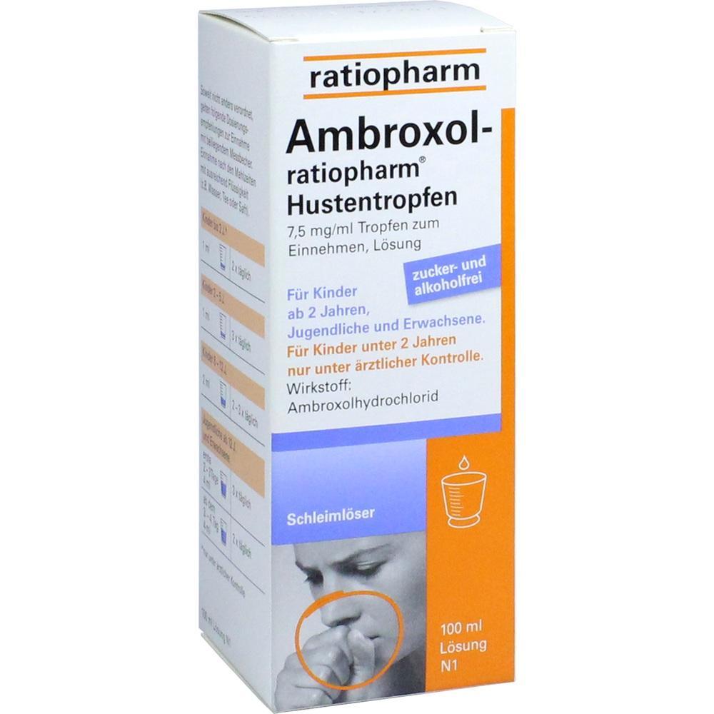 Die Schachtel zeigt Ambroxol-Hustentropfen von Ratiopharm zur Schleiml&ouml;sung.