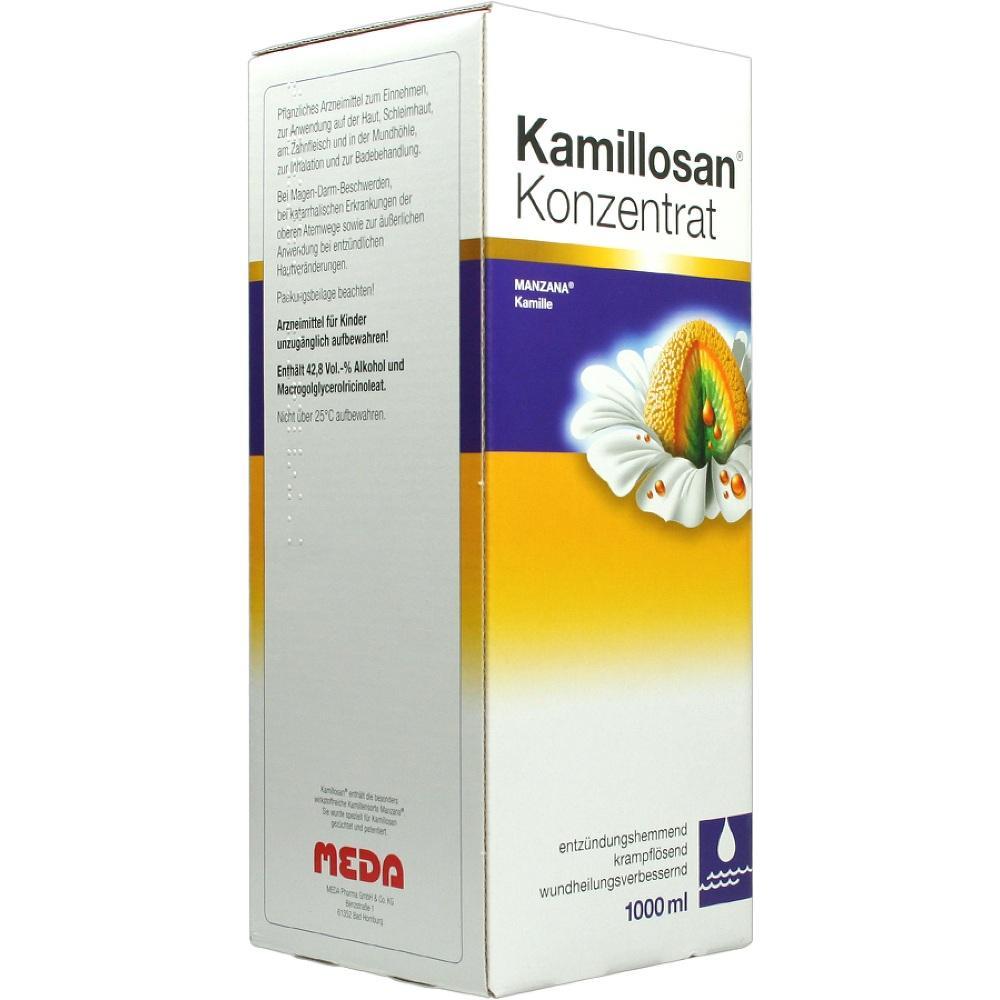 Eine gro&szlig;e, gelbe Packung von Kamillosan-Konzentrat mit einer Kamille darauf.