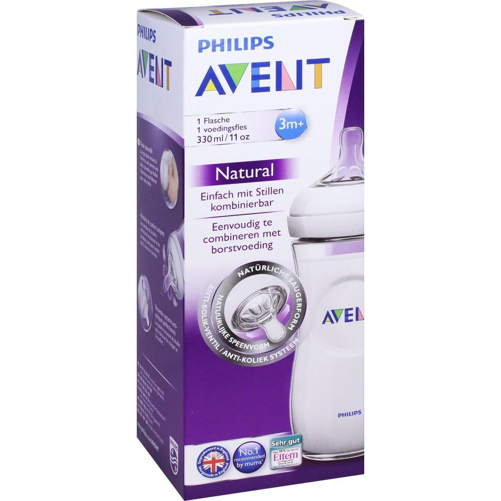 Eine lila Verpackung mit einer Philips Avent Babyflasche ab 3 Monaten.