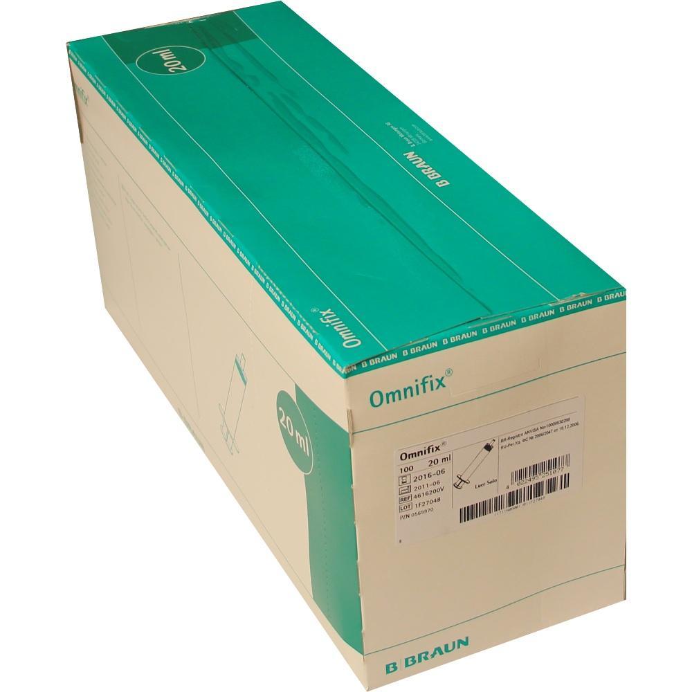 Ein großer Pappkarton mit der Aufschrift "Omnifix" und "20 ml".