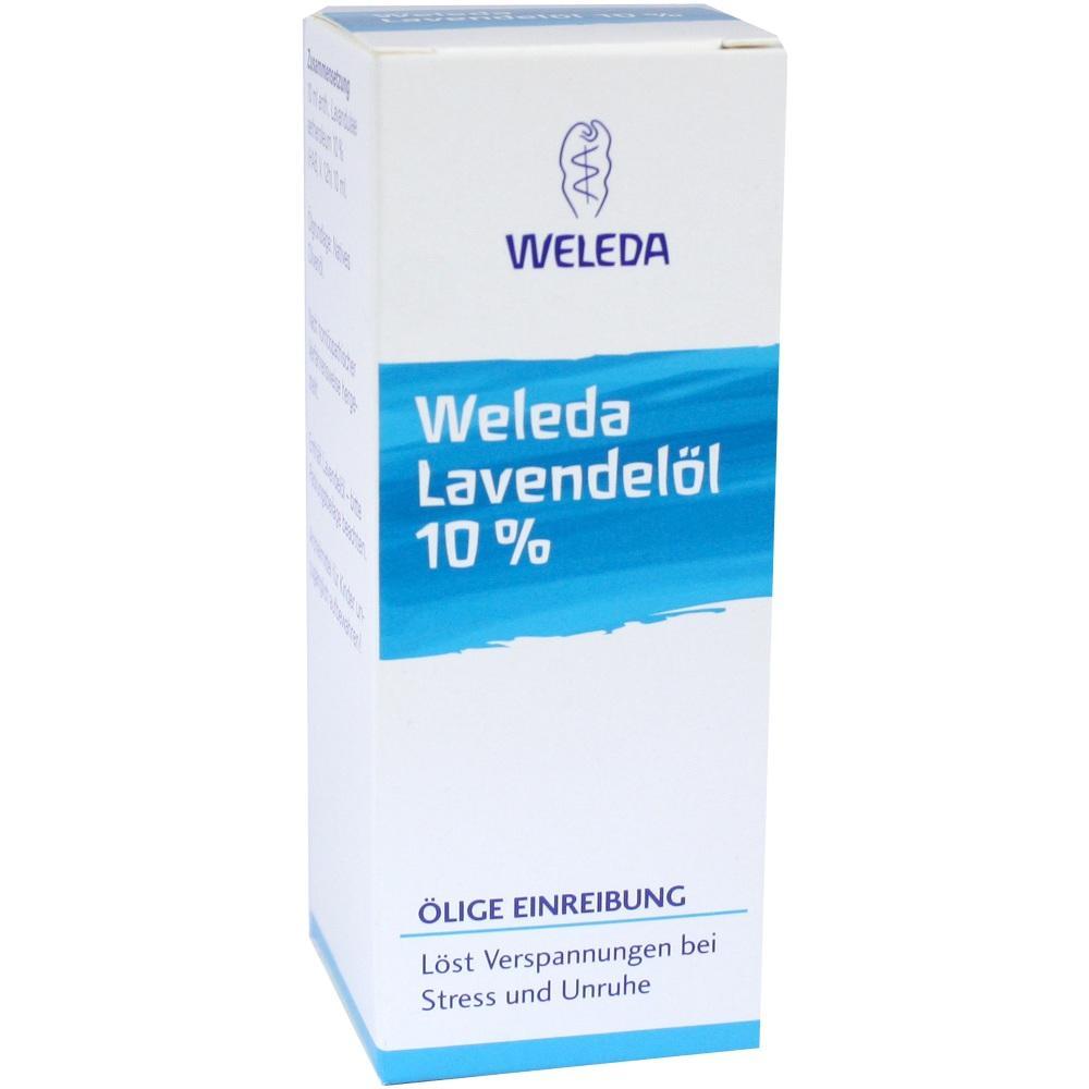 Wei&szlig;e Verpackung von Weleda Lavendel&ouml;l 10 %, hilft bei Stress und Unruhe.