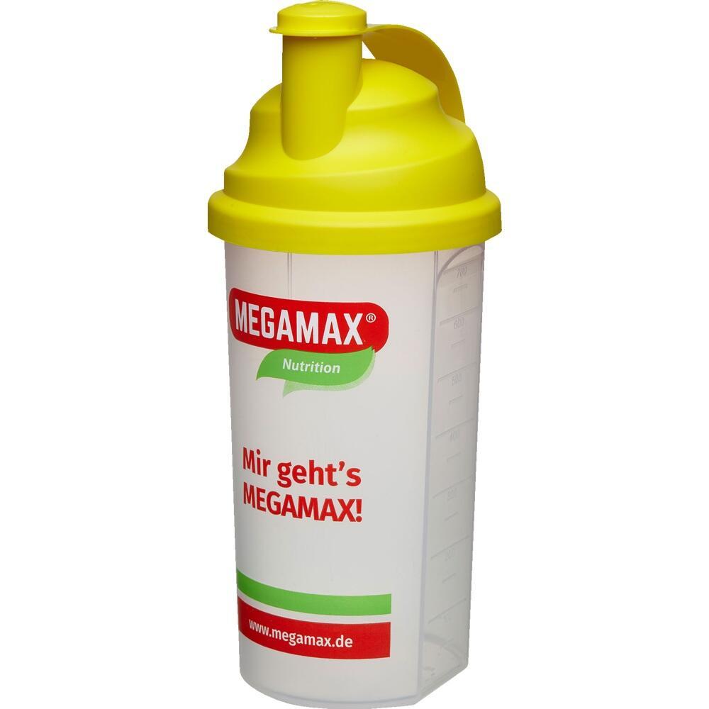 Ein weißer Shaker mit gelbem Deckel und rotem "MEGAMAX" Logo.