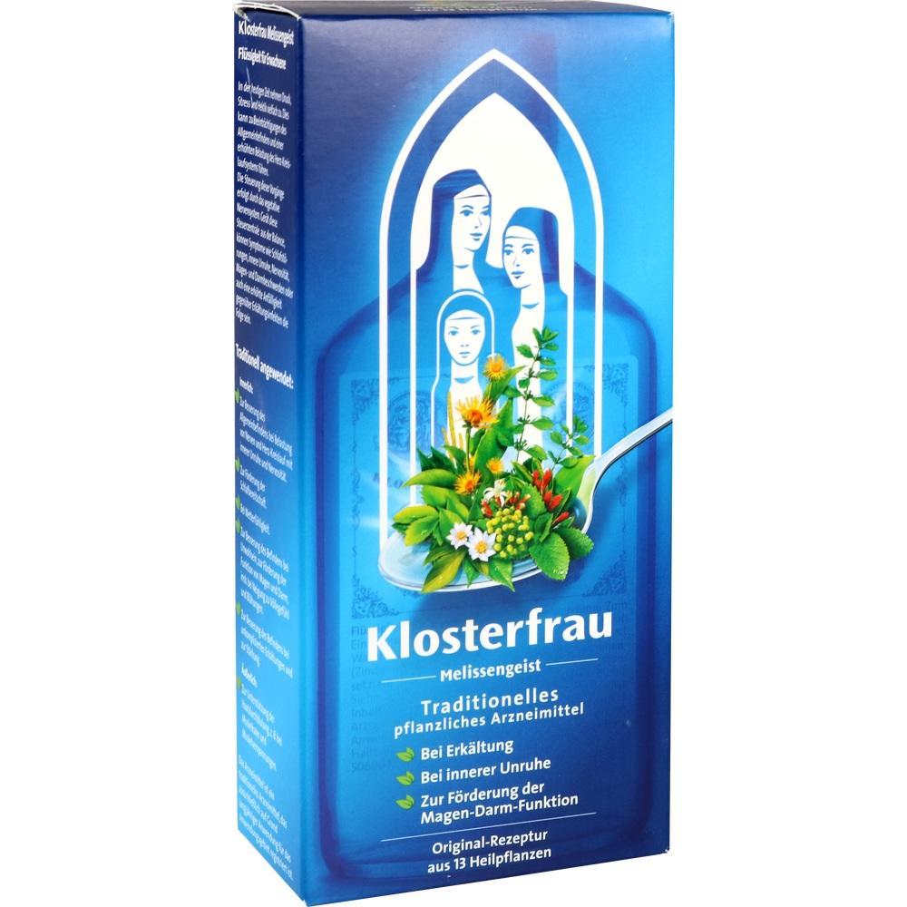 Blaue Verpackung von Klosterfrau Melissengeist mit Kr&auml;utern und Klosterfrauen-Illustration.