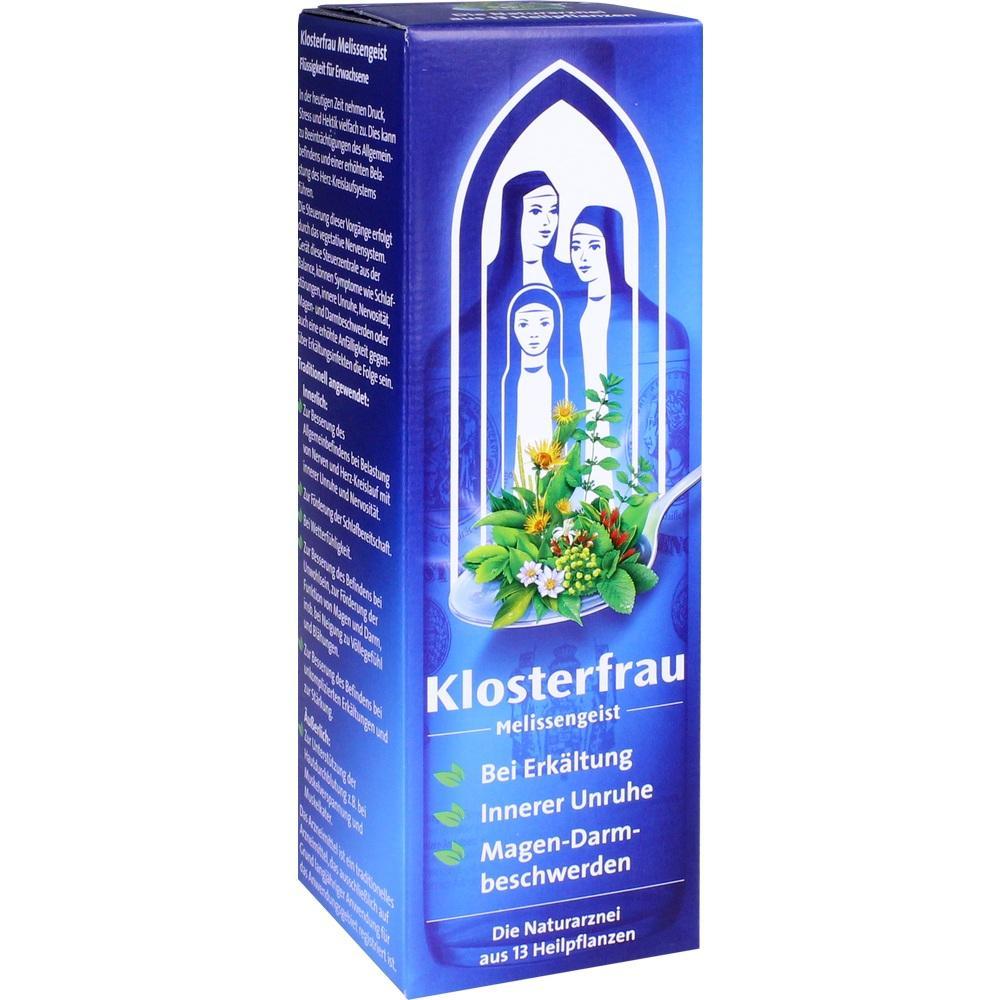 Eine blaue Packung &bdquo;Klosterfrau Melissengeist&ldquo; mit drei stilisierten Figuren.