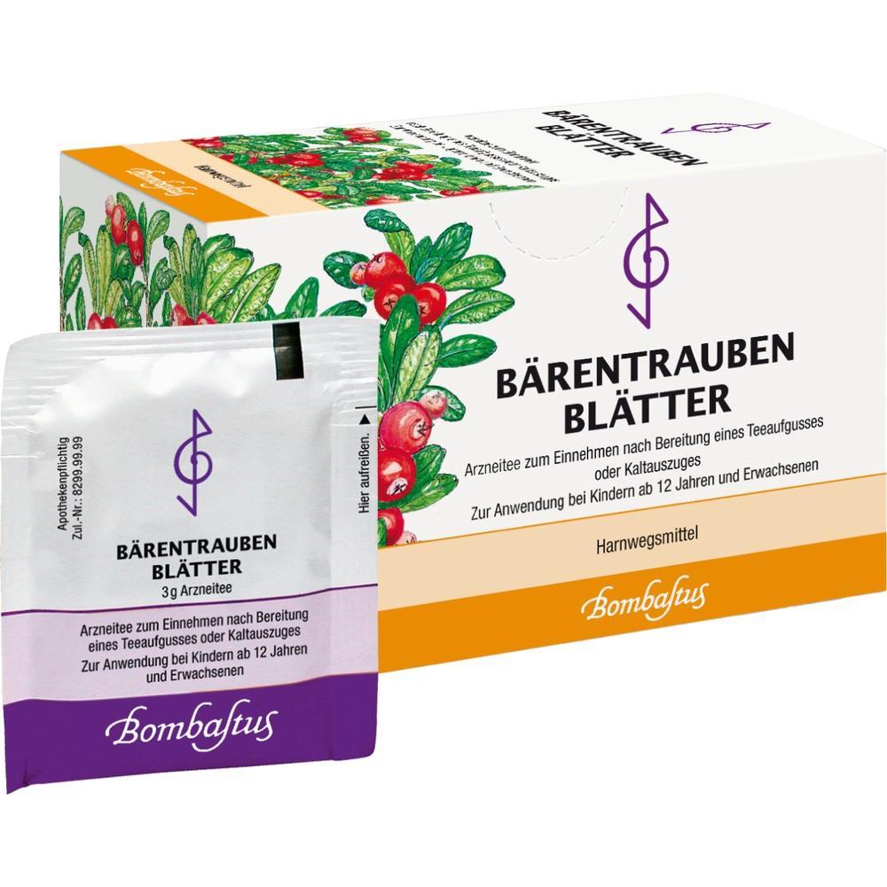 Verpackung von B&auml;rentraubenbl&auml;tter-Arzneitee mit Bl&auml;ttermotiv.