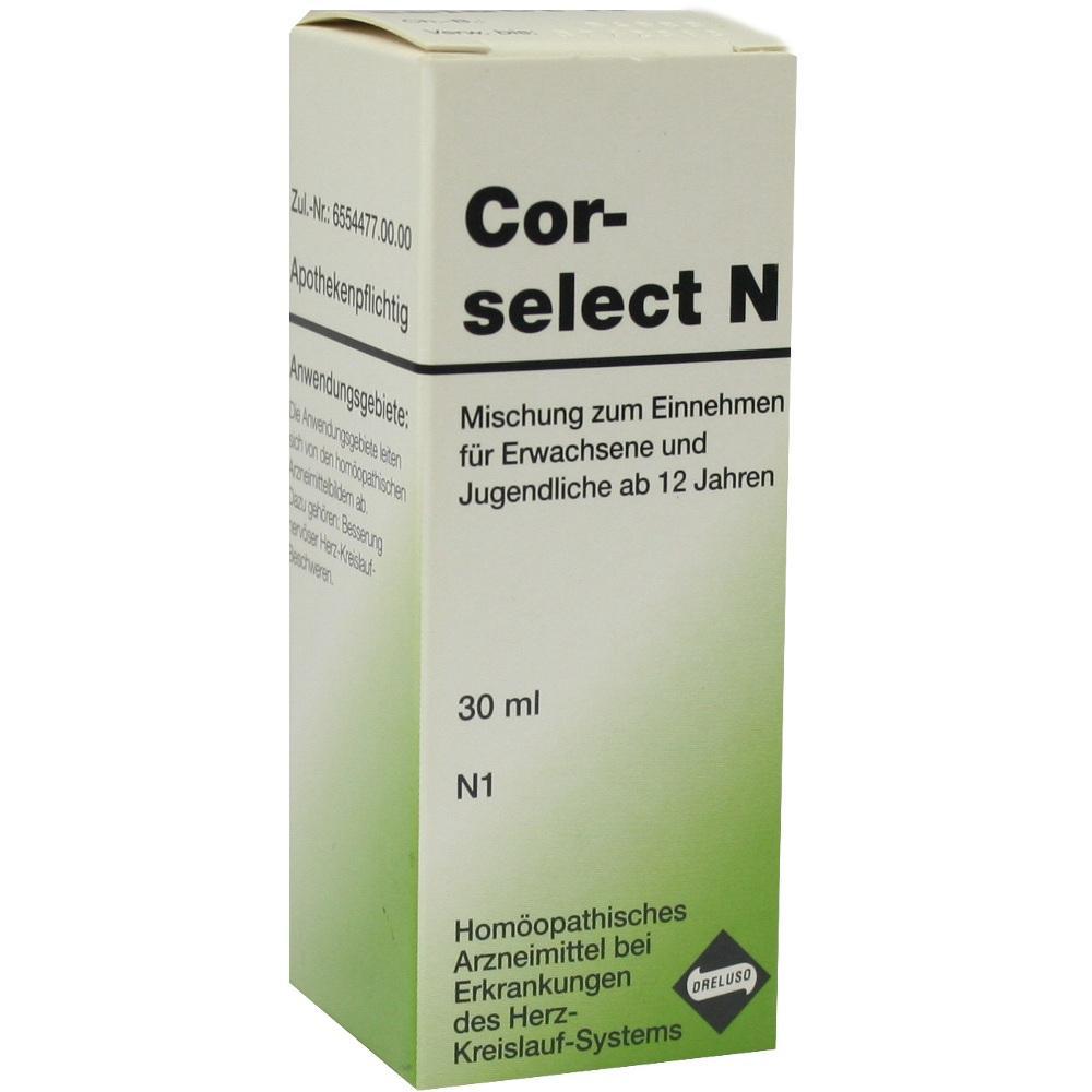 Eine wei&szlig;e Arzneimittel-Schachtel mit der Aufschrift "Cor-select N".