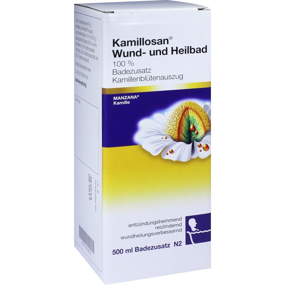 Gelbe Verpackung von Kamillosan Wund- und Heilbad mit einer Kamillenbl&uuml;te.