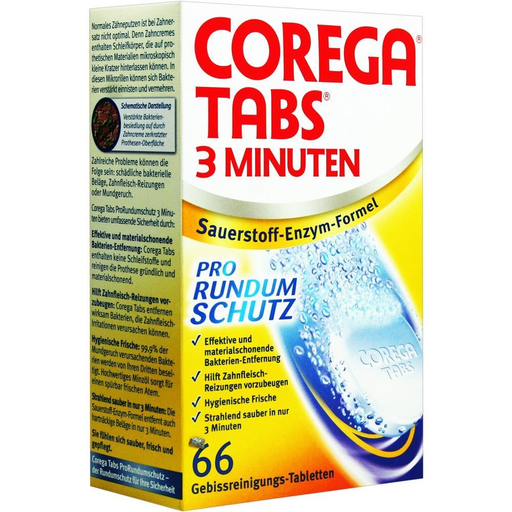 Die Verpackung von Corega Tabs 3 Minuten zur Reinigung von Zahnersatz.