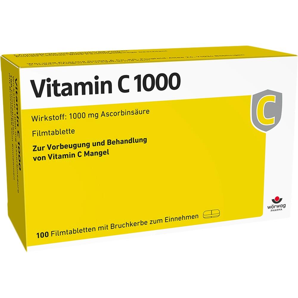 Gelbe Verpackung von Vitamin C 1000 mit Tabletten zur Vorbeugung von Vitamin C Mangel.