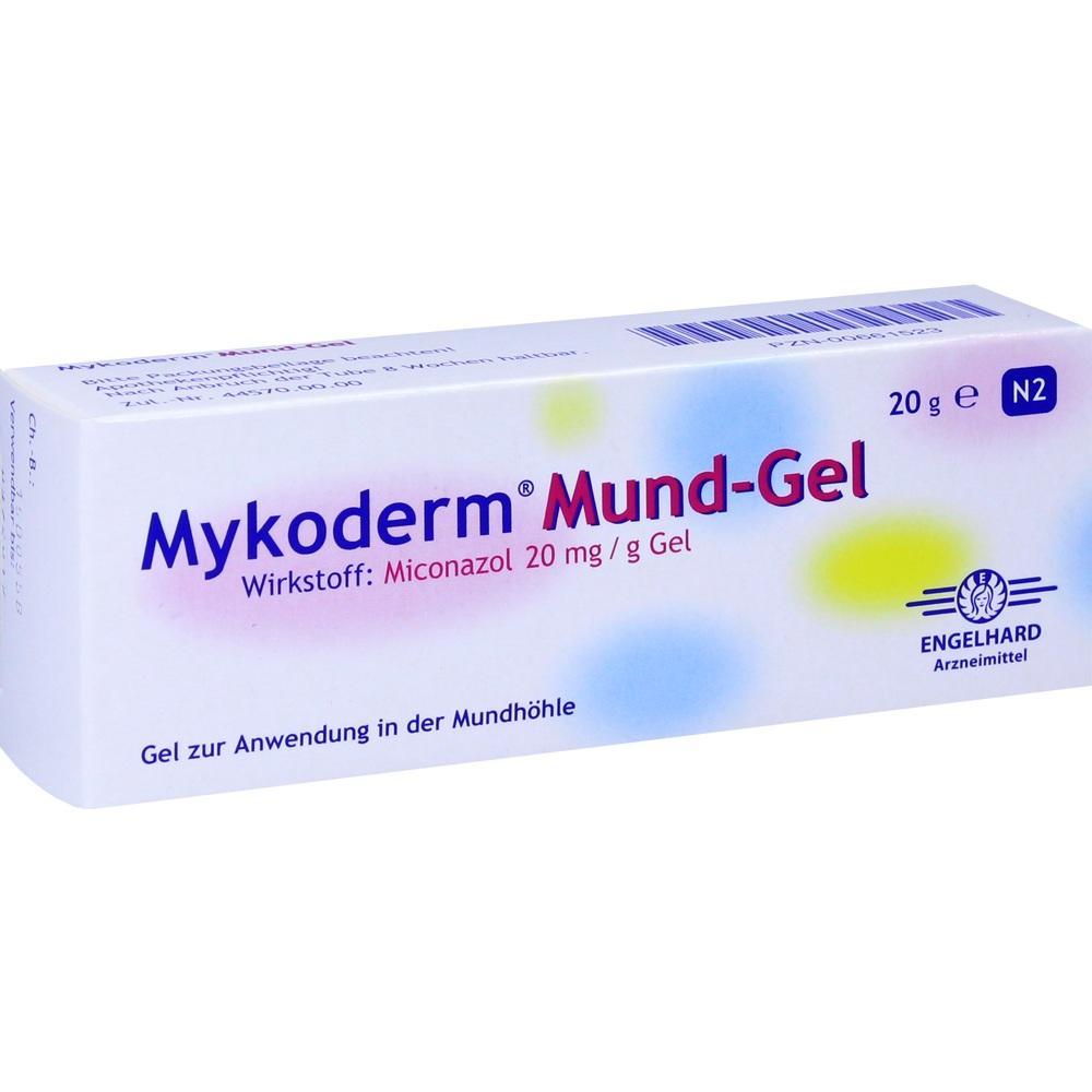 Wei&szlig;e Verpackung eines Mundgels mit der Aufschrift "Mykoderm Mund-Gel".
