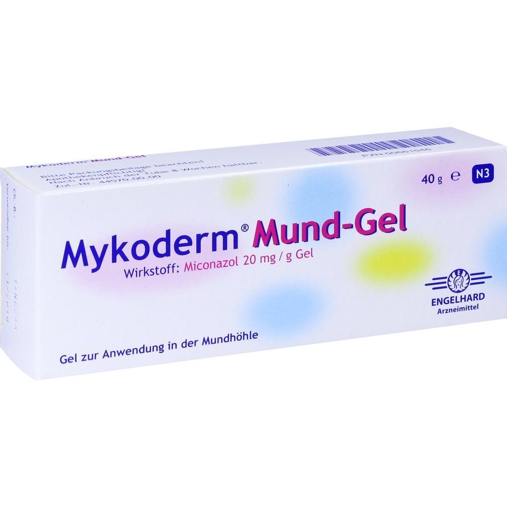 Wei&szlig;e Packung mit der Aufschrift "Mykoderm Mund-Gel" und Miconazol als Wirkstoff.