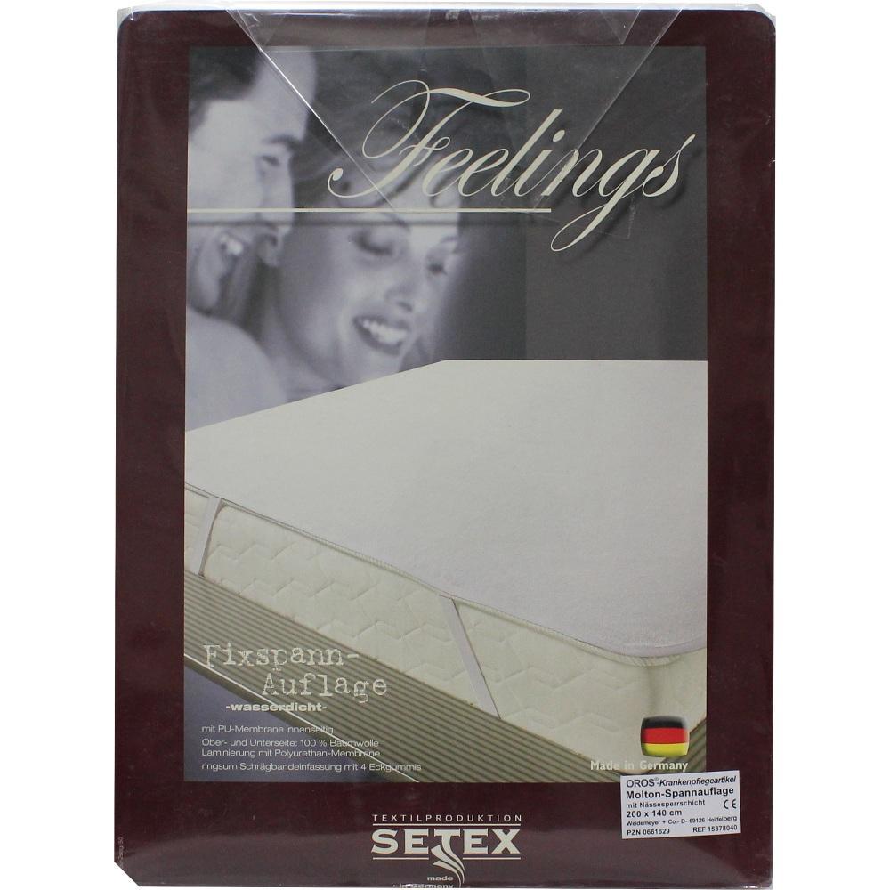 Die Verpackung zeigt eine wasserdichte Matratzenauflage von Setex mit einem lächelnden Paar.