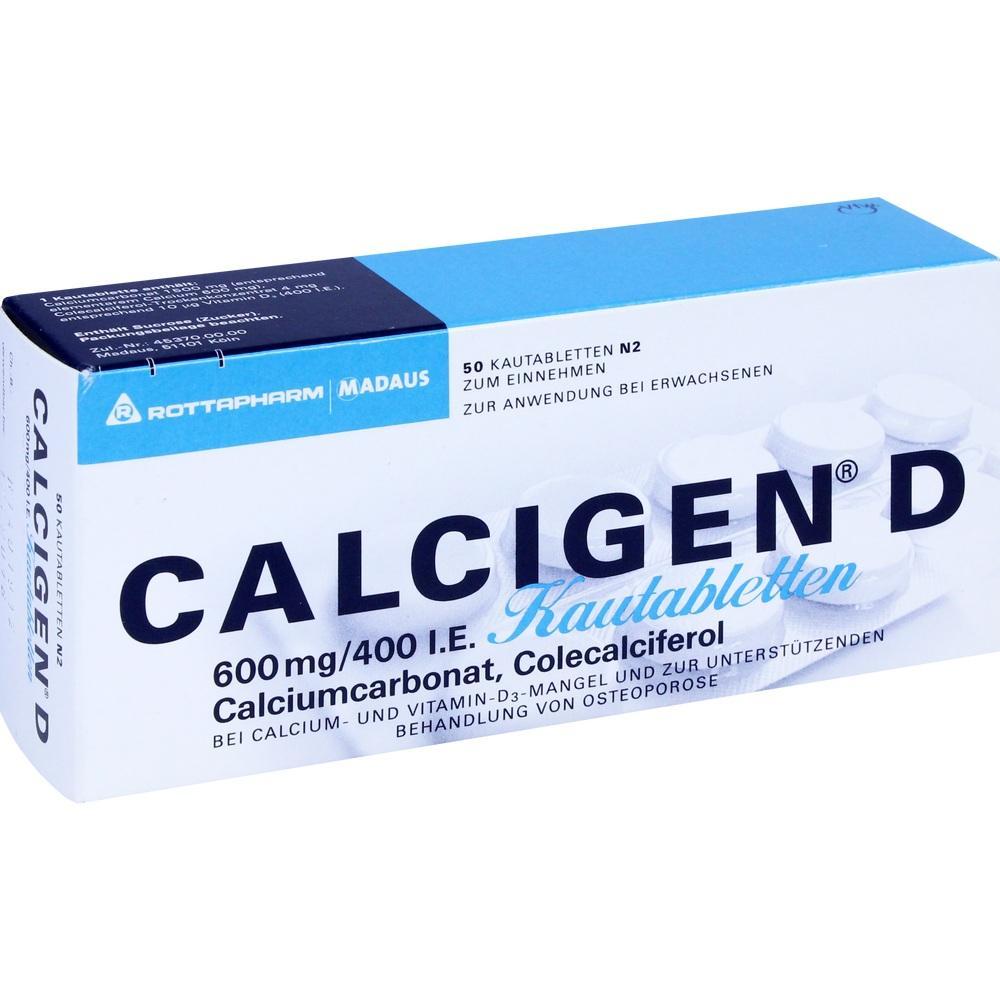Verpackung von Calcigen D-Kautabletten mit Calcium und Vitamin D.