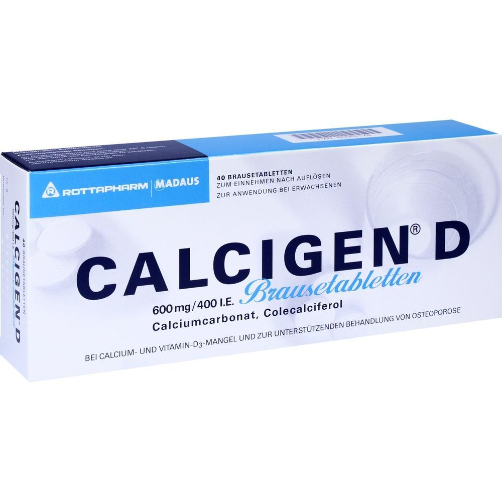Verpackung von Brausetabletten namens Calcigen D, zur Unterst&uuml;tzung bei Calcium- und Vitamin-D3-Mangel.