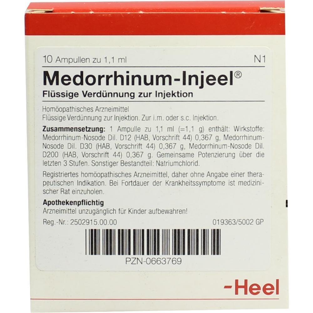 Eine Packung mit hom&ouml;opathischen Injektionsampullen von Medorrhinum-Injeel.