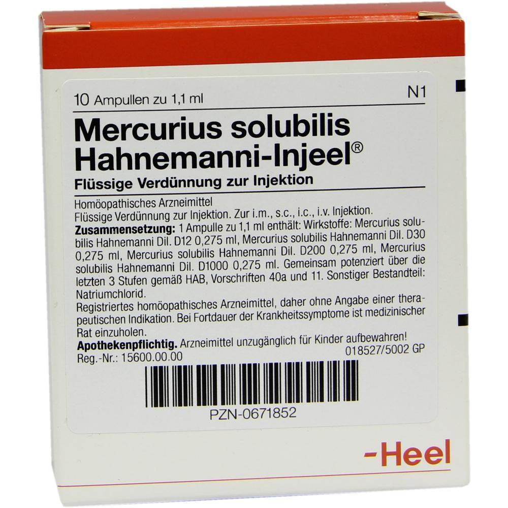 Verpackung mit hom&ouml;opathischer Injektionsl&ouml;sung von "Mercurius solubilis Hahnemanni-Injeel".