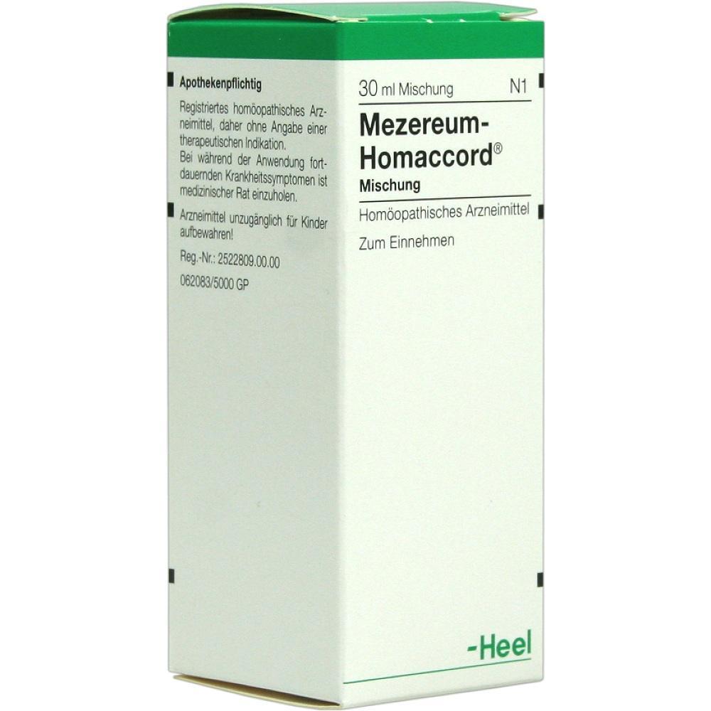 Wei&szlig;e Medikamentenschachtel mit der Aufschrift "Mezereum-Homaccord", hom&ouml;opathisches Mittel.
