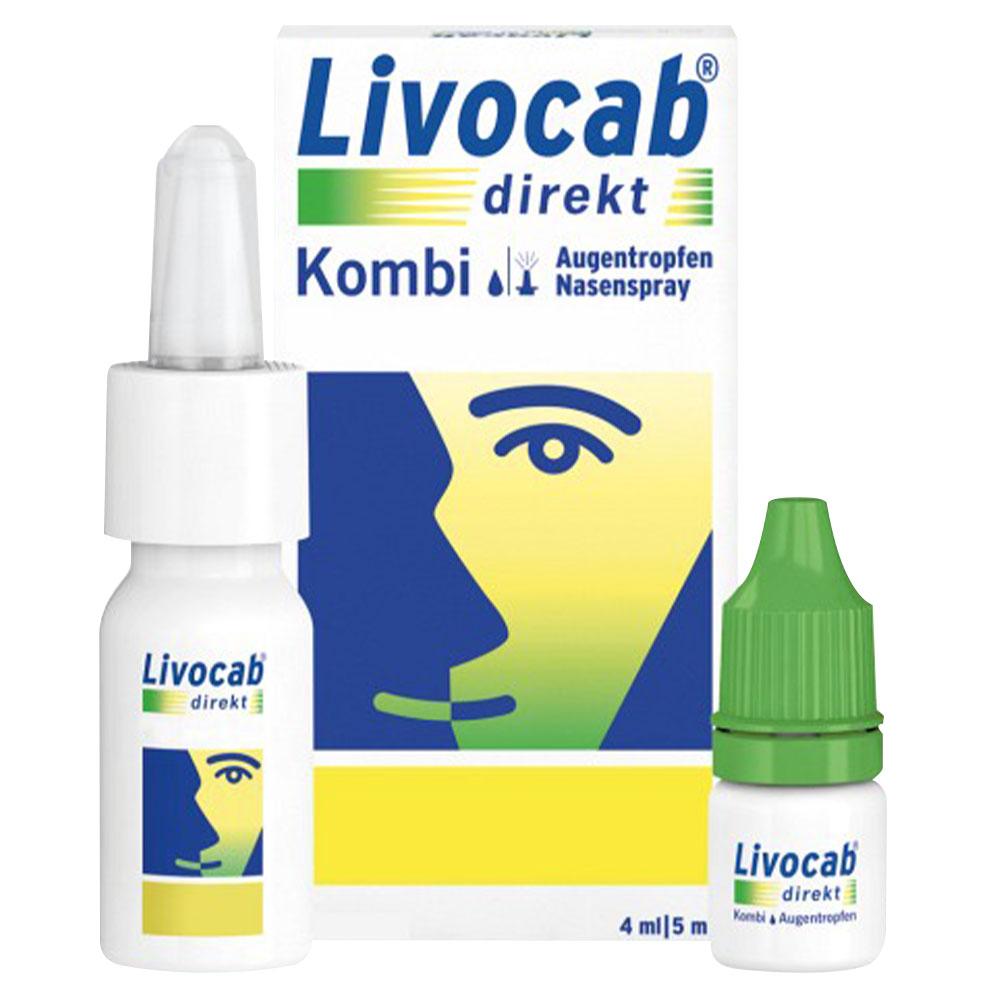 Verpackung von "Livocab direkt" mit Augentropfen und Nasenspray gegen Allergien.