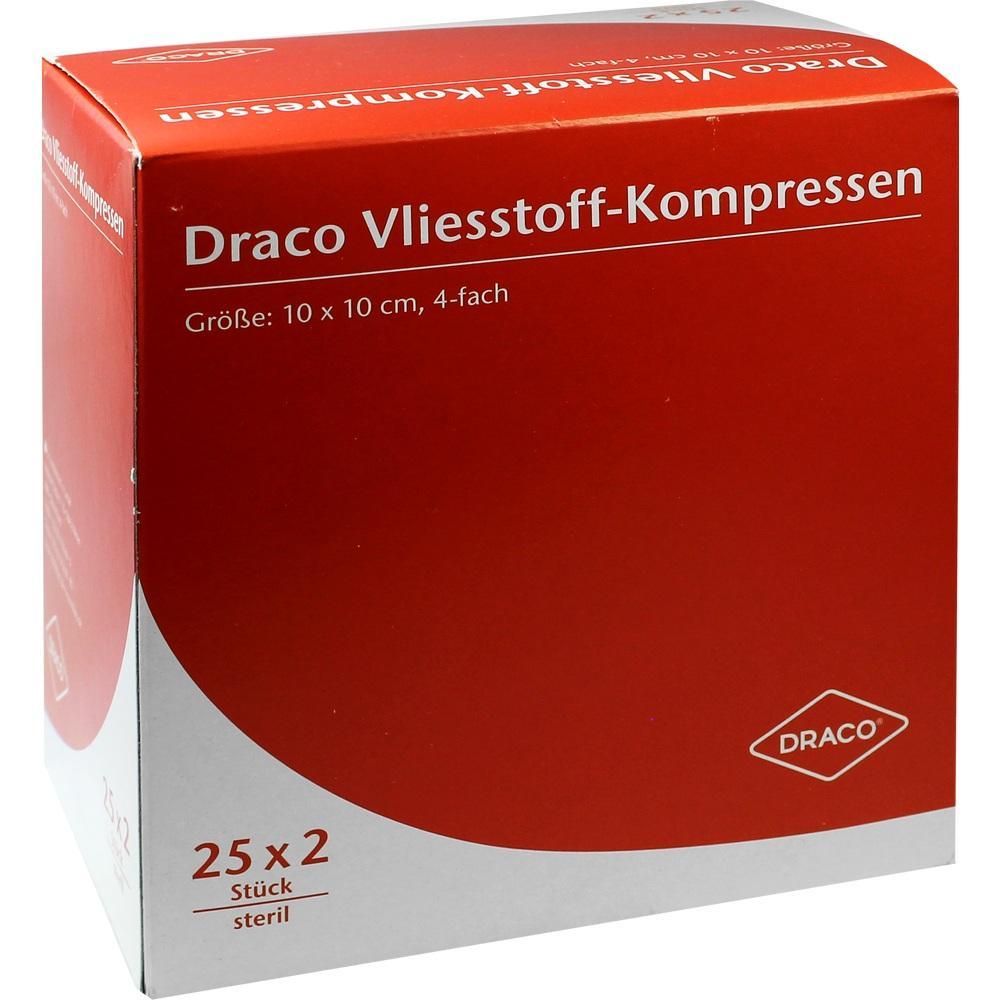 Rote Verpackung von Vliesstoff-Kompressen der Marke Draco, 10x10 cm, 25x2 St&uuml;ck steril.