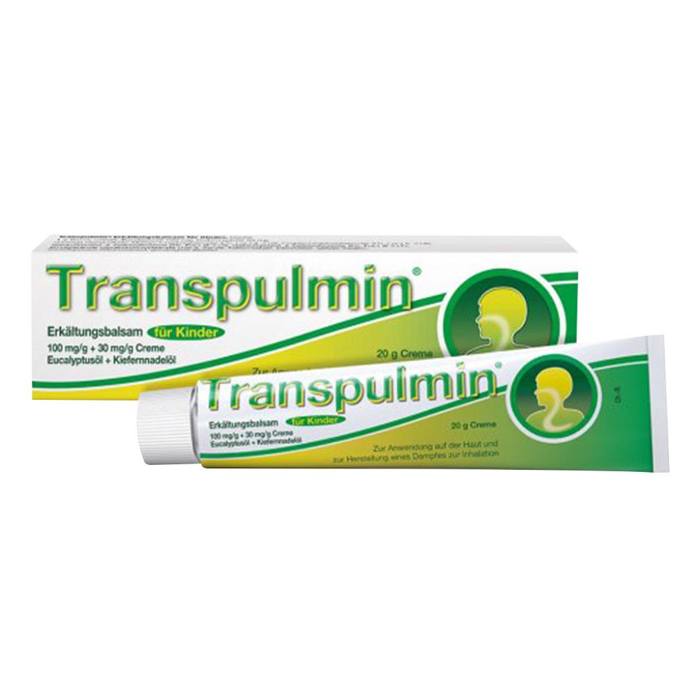 Eine gr&uuml;ne Tube Transpulmin Erk&auml;ltungsbalsam f&uuml;r Kinder liegt vor ihrer Verpackung.