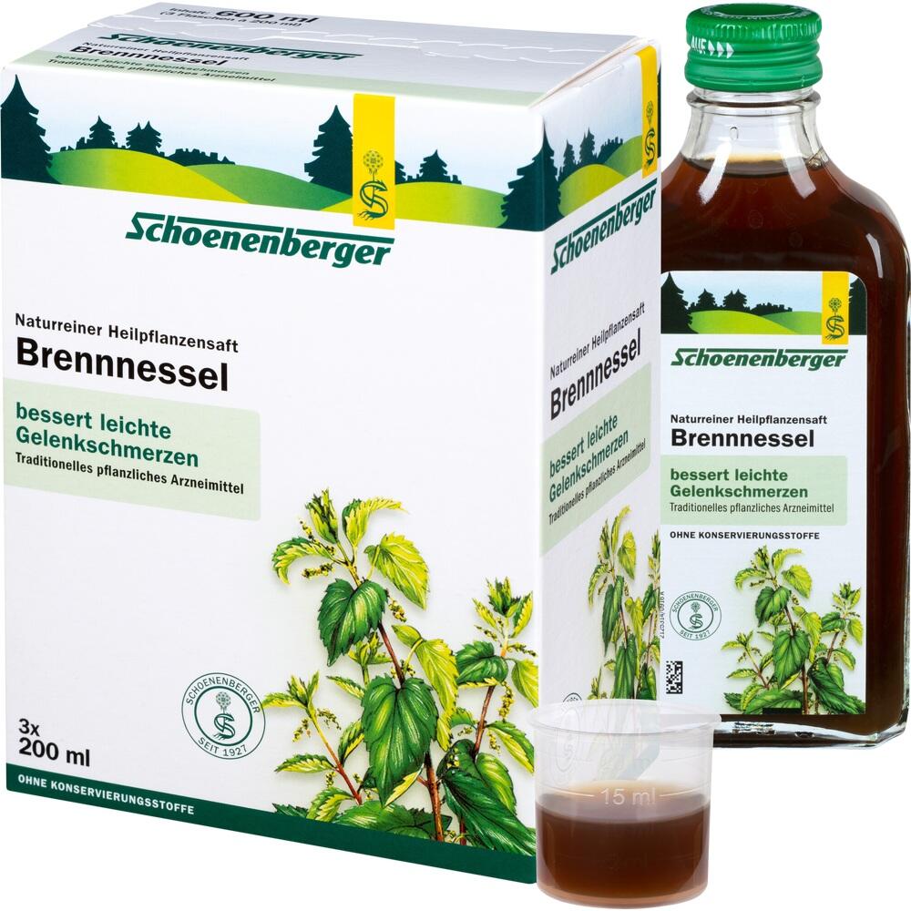 Eine Flasche Brennnesselsaft von Schoenenberger steht neben der Verpackung.