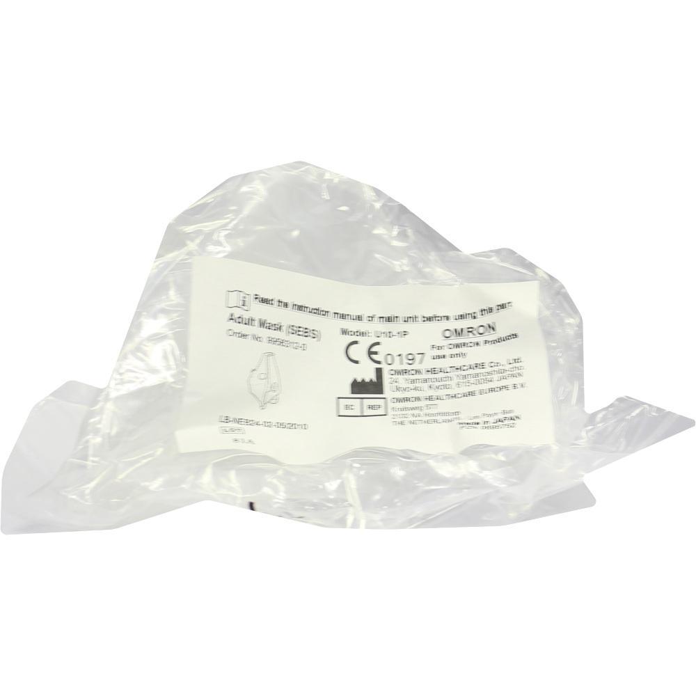 Plastikt&uuml;te mit einem Etikett einer Erwachsenenmaske von Omron.