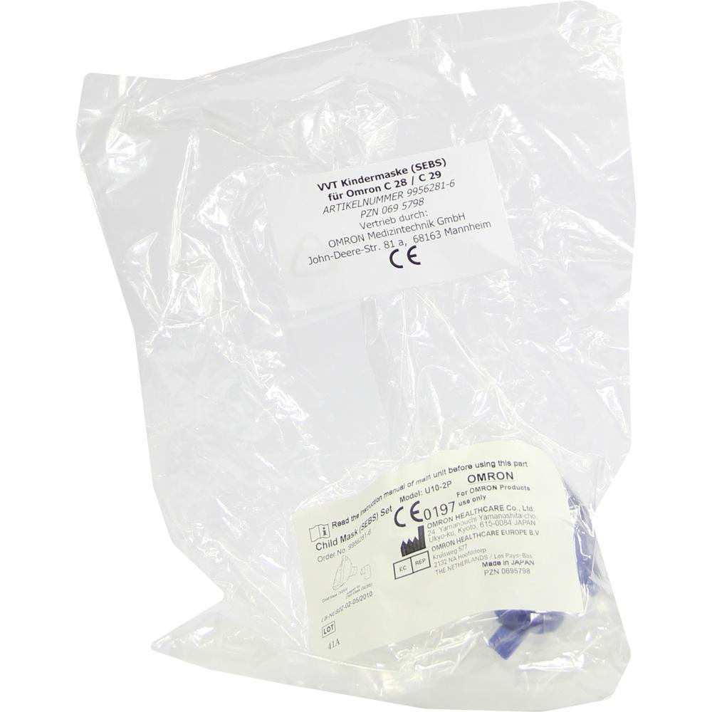 Eine transparente Plastikt&uuml;te mit Etikett f&uuml;r eine Kindermaske von OMRON.
