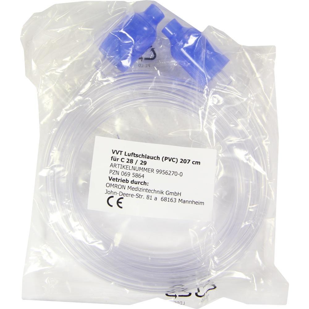 Ein transparenter Luftschlauch mit blauen Anschl&uuml;ssen in einer Plastikverpackung.