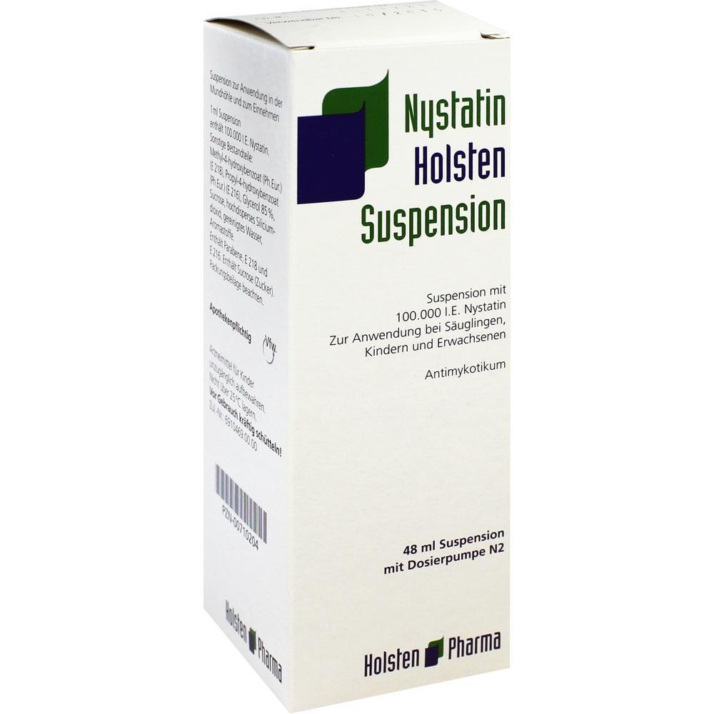 Wei&szlig;e Arzneimittel-Verpackung mit der Aufschrift "Nystatin Holsten Suspension".