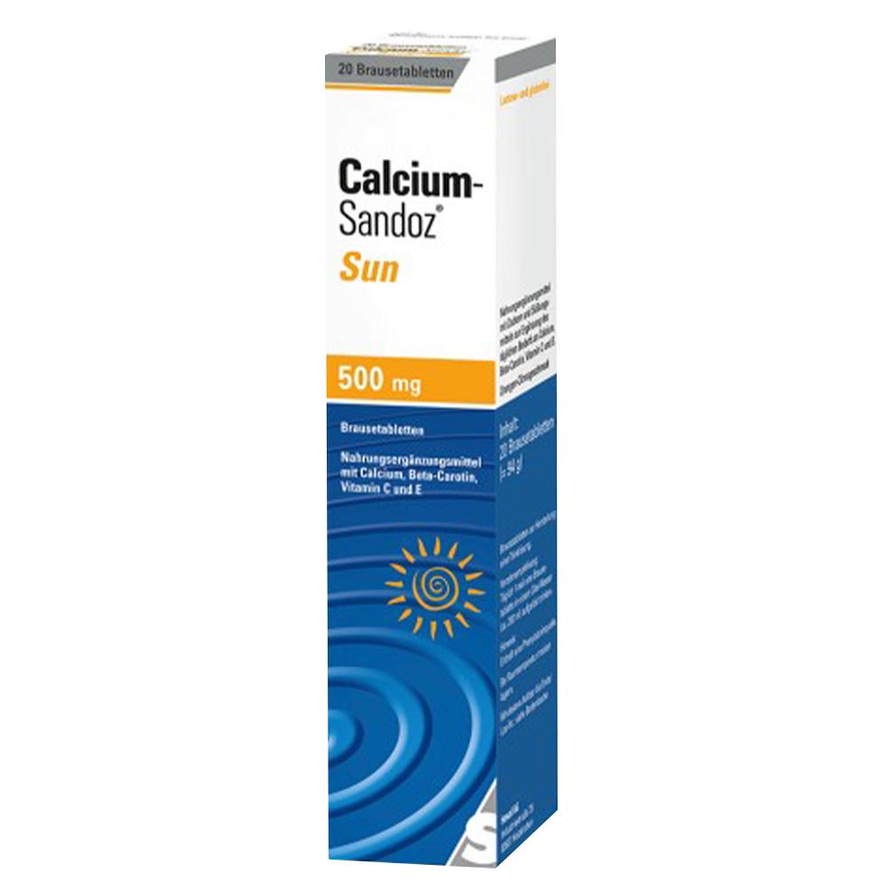 Wei&szlig;e Packung mit Calcium-Brausetabletten, 500 mg, und Sonnensymbol vorne.