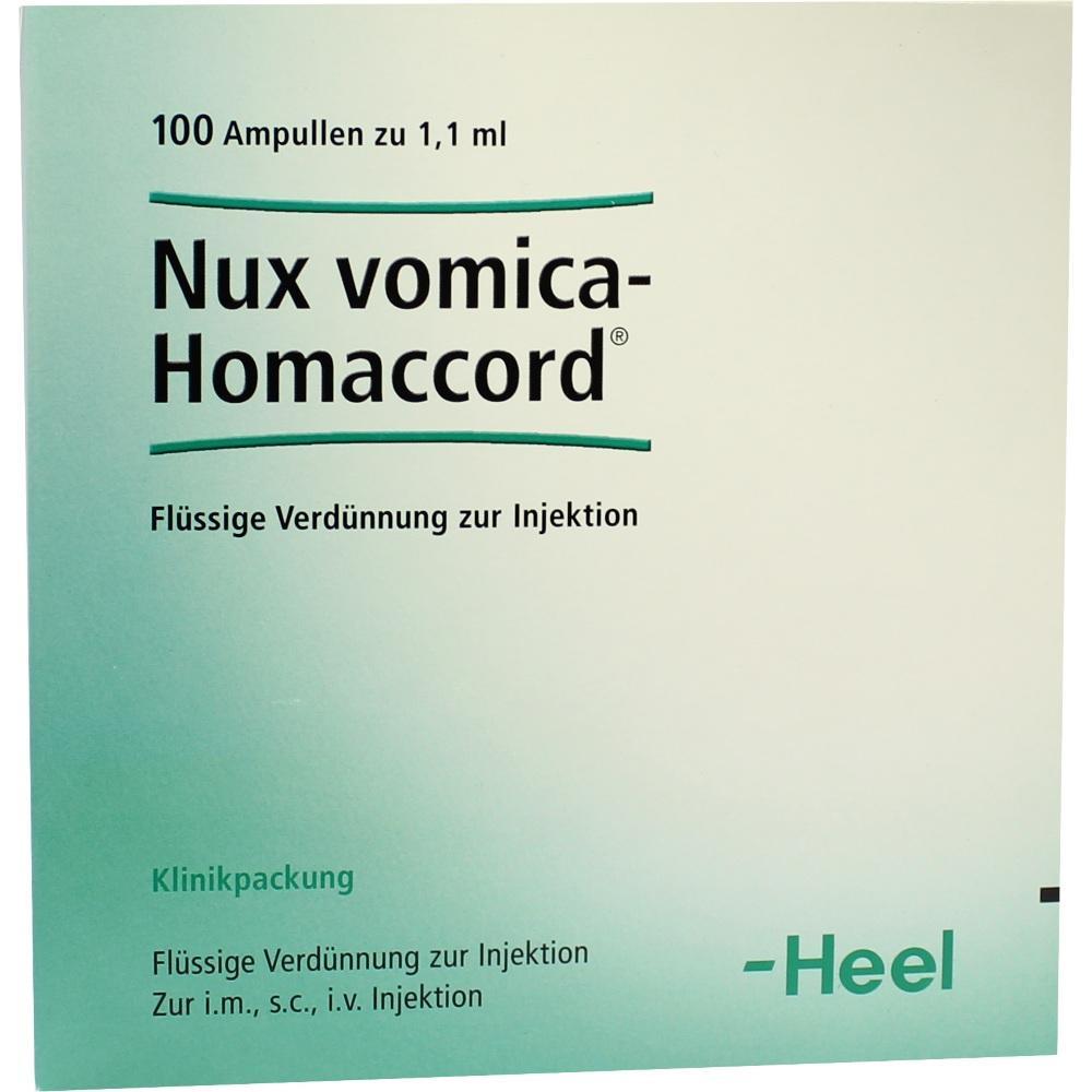 Eine gr&uuml;ne Packung mit der Aufschrift "Nux vomica-Homaccord".