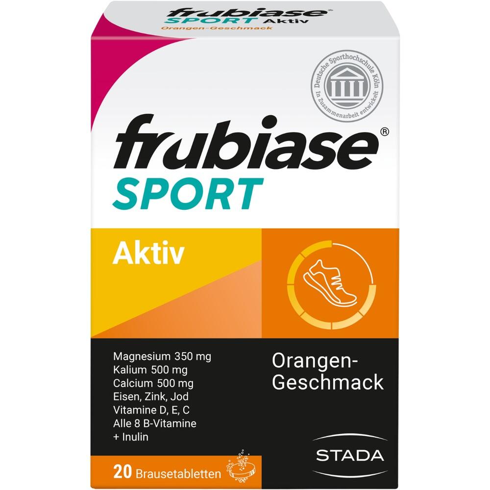 Weiße Verpackung mit der Aufschrift "frubiase SPORT" und Details zur Unterstützung sportlicher Aktivitäten.