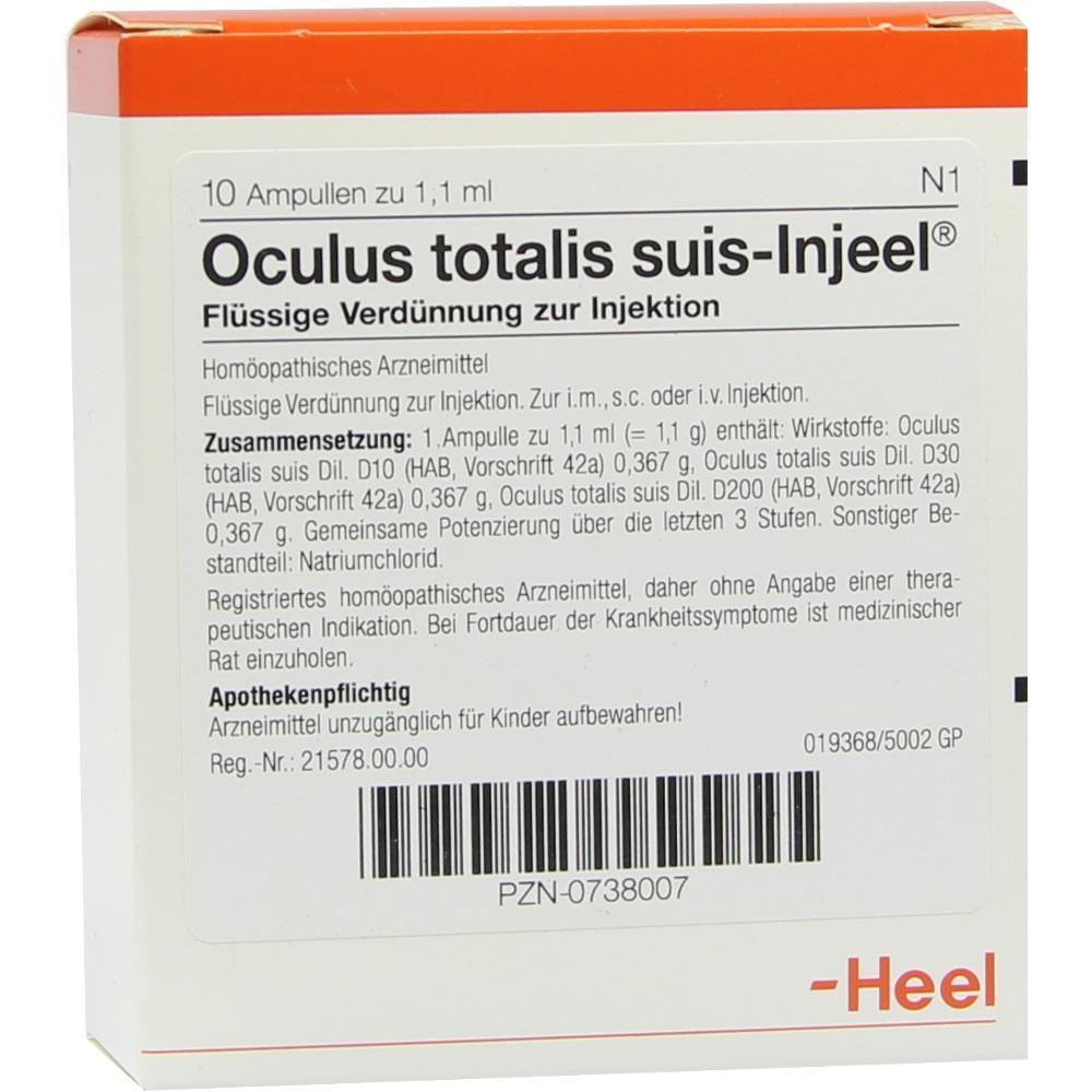 Die Verpackung zeigt hom&ouml;opathische Ampullen zur Injektion namens "Oculus totalis suis-Injeel".