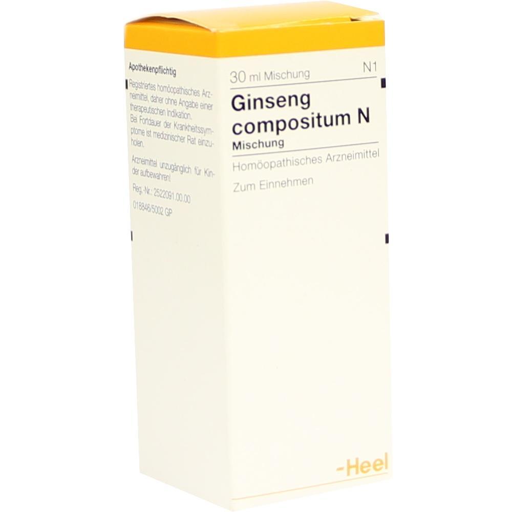 Eine gelbe Packung mit der Aufschrift &bdquo;Ginseng compositum N&ldquo;.