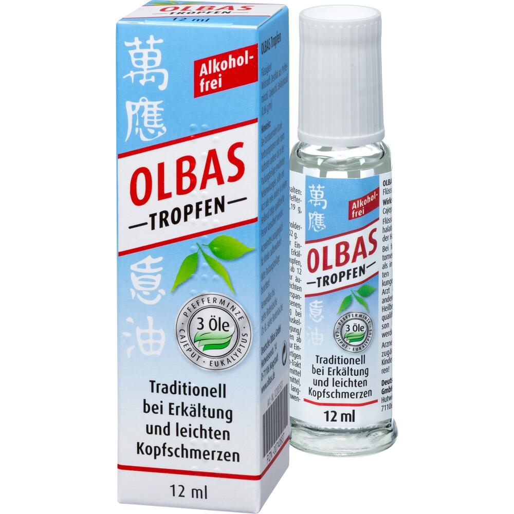 Eine blaue Verpackung und Flasche mit der Aufschrift &bdquo;Olbas Tropfen&ldquo;.